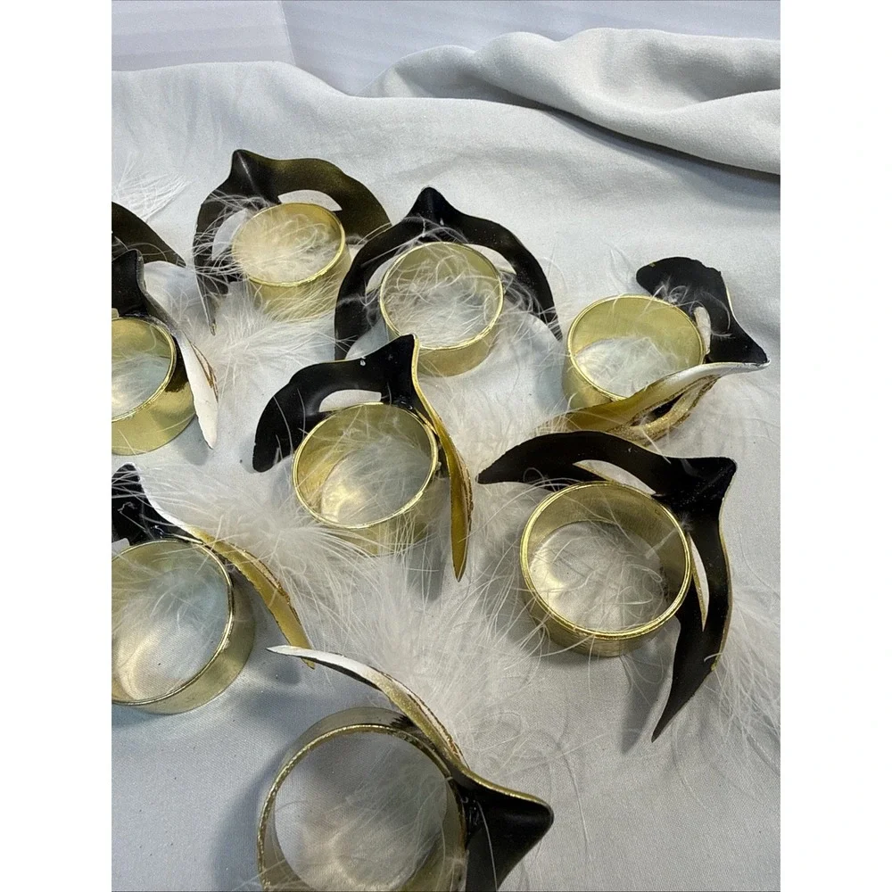 12 Masquerade Mask Napkin Rings Gold White Feather Mardi Gras Party Decor
